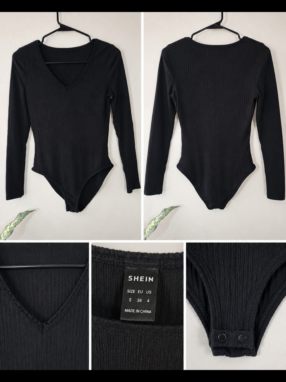 SHEIN Black Ribbed V-Neck Long Sleeve Bodysuit